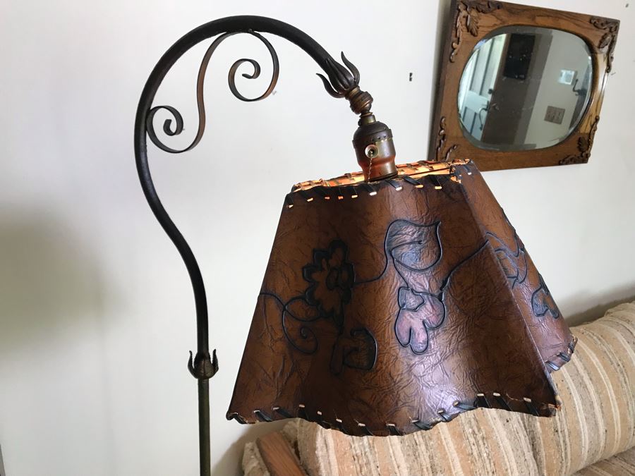 Stunning Antique Bridge Lamp Cast Iron Floor Lamp Stamped Devoto S.F. Under Base With Leather Shade [Photo 4]