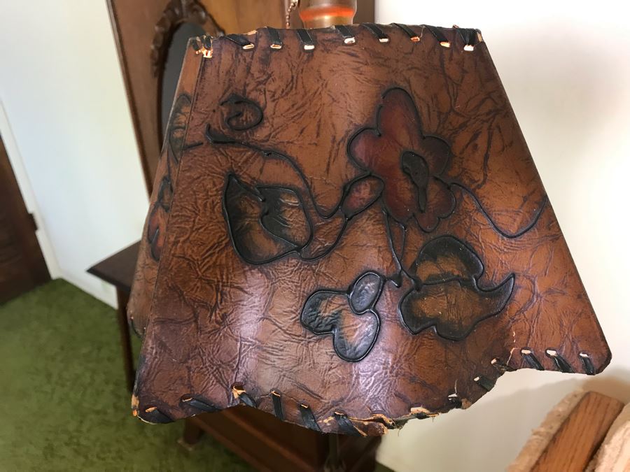 Stunning Antique Bridge Lamp Cast Iron Floor Lamp Stamped Devoto S.F. Under Base With Leather Shade [Photo 6]