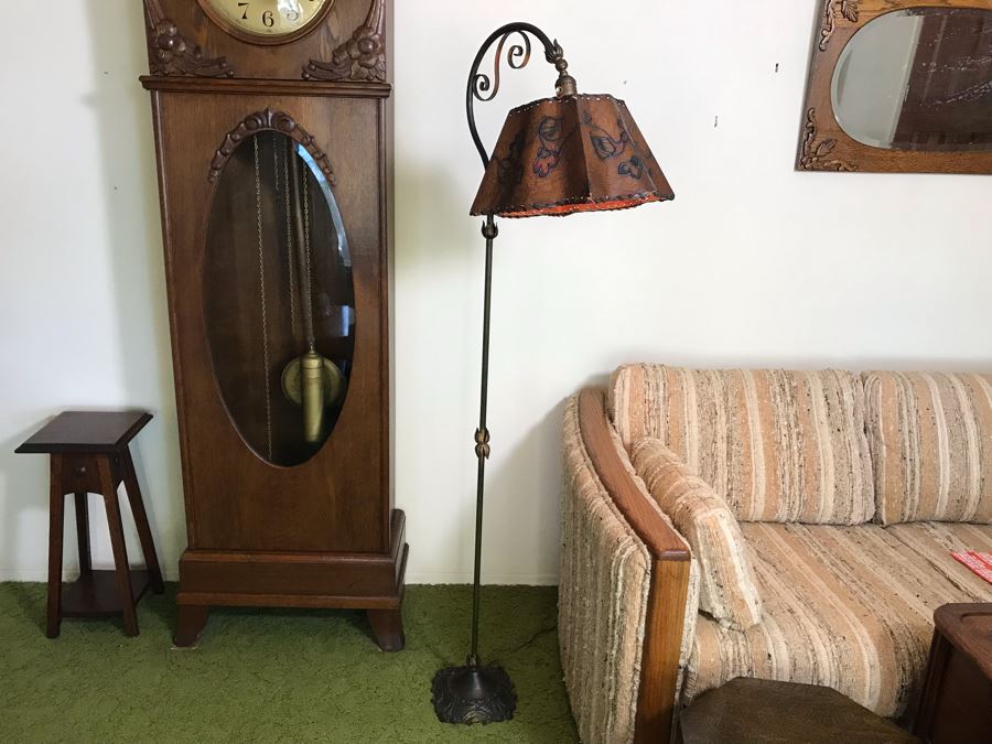 Stunning Antique Bridge Lamp Cast Iron Floor Lamp Stamped Devoto S.F. Under Base With Leather Shade [Photo 2]