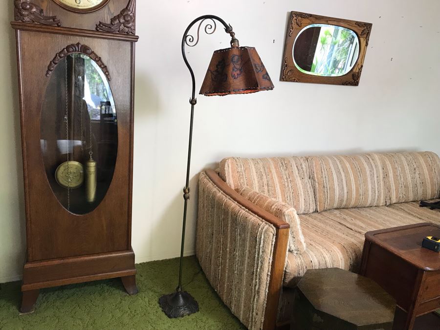 Stunning Antique Bridge Lamp Cast Iron Floor Lamp Stamped Devoto S.F. Under Base With Leather Shade [Photo 3]