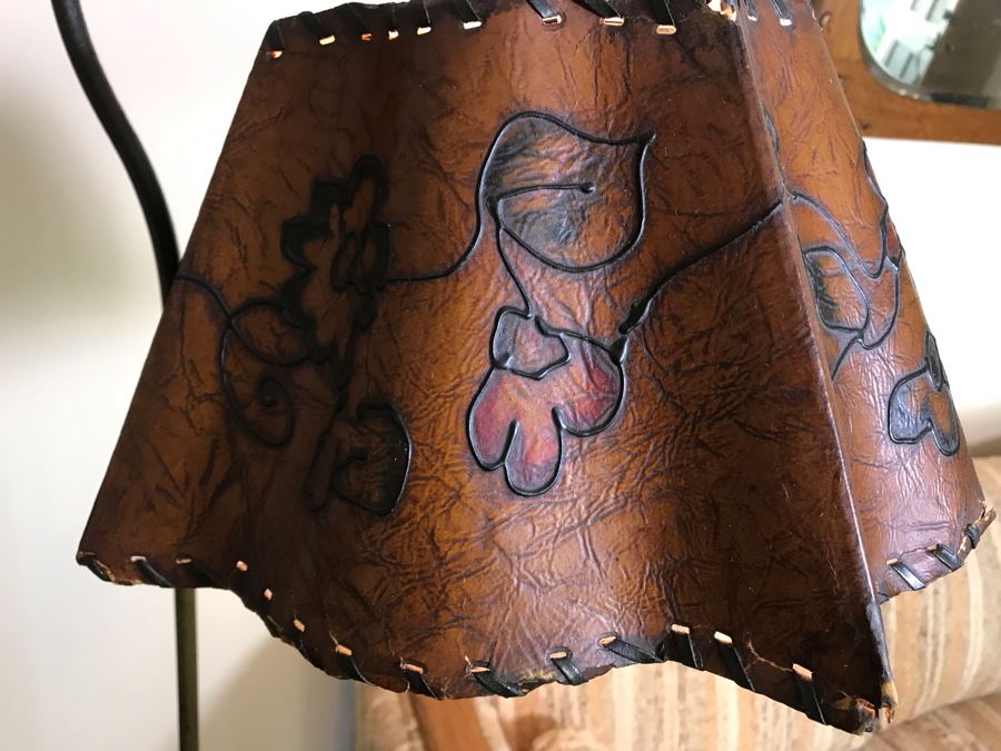 Stunning Antique Bridge Lamp Cast Iron Floor Lamp Stamped Devoto S.F. Under Base With Leather Shade [Photo 5]