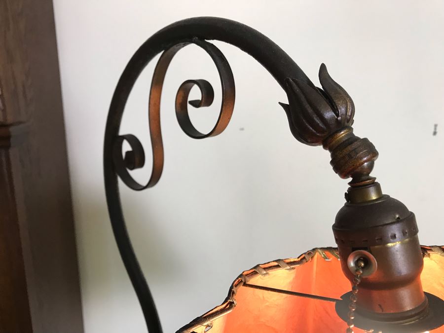Stunning Antique Bridge Lamp Cast Iron Floor Lamp Stamped Devoto S.F. Under Base With Leather Shade [Photo 8]