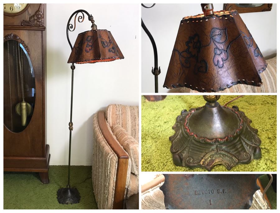 Stunning Antique Bridge Lamp Cast Iron Floor Lamp Stamped Devoto S.F. Under Base With Leather Shade