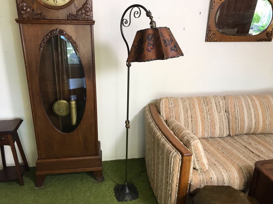 Stunning Antique Bridge Lamp Cast Iron Floor Lamp Stamped Devoto S.F. Under Base With Leather Shade [Photo 13]