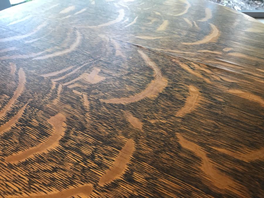 Stunning Antique Tiger Oak Pedestal Table 24R X 29.5H (Some Staining On Top) [Photo 12]