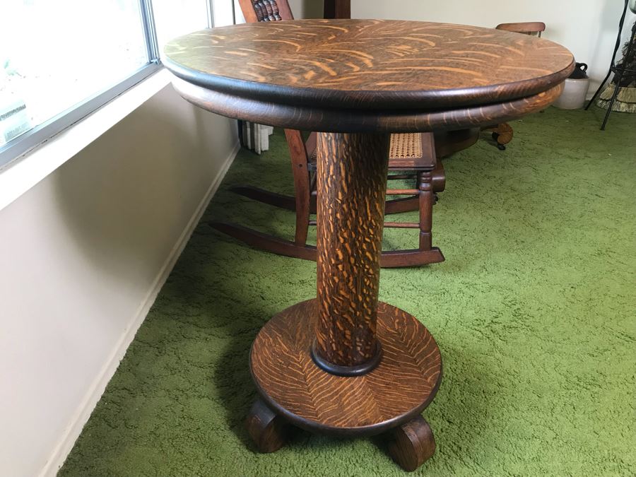 Stunning Antique Tiger Oak Pedestal Table 24R X 29.5H (Some Staining On ...