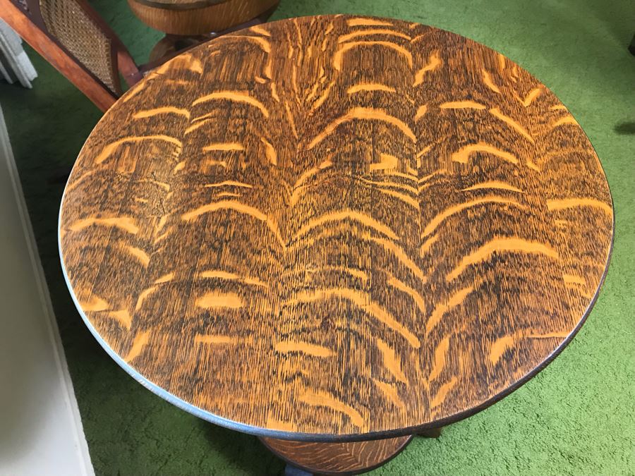 Stunning Antique Tiger Oak Pedestal Table 24R X 29.5H (Some Staining On Top) [Photo 8]