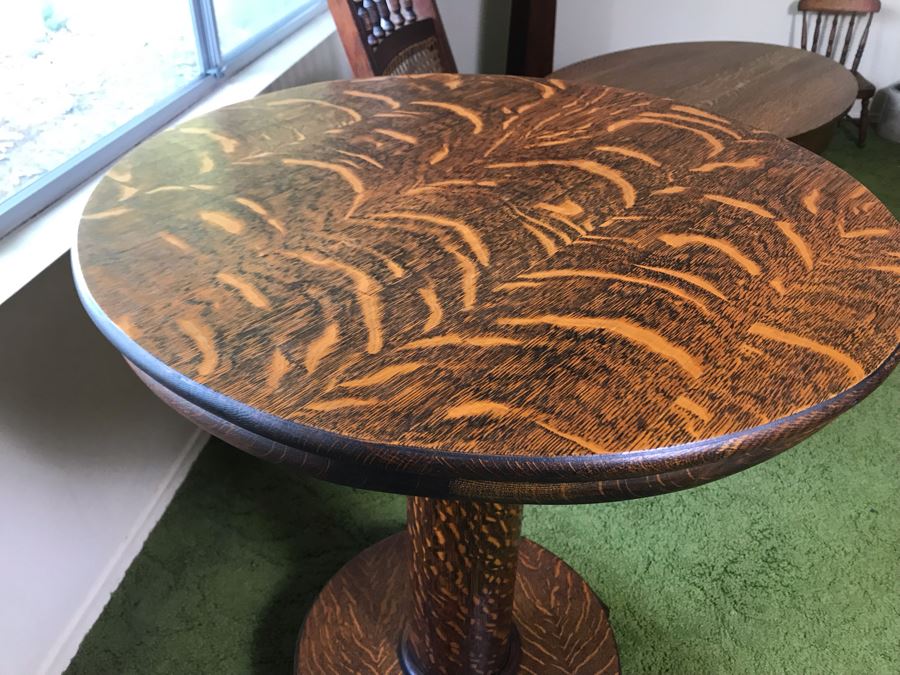 Stunning Antique Tiger Oak Pedestal Table 24R X 29.5H (Some Staining On Top) [Photo 6]