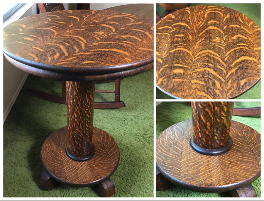 Stunning Antique Tiger Oak Pedestal Table 24R X 29.5H (Some Staining On Top) [Photo 1]