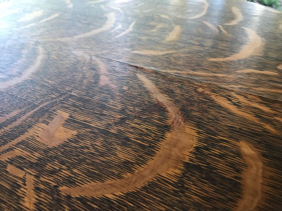 Stunning Antique Tiger Oak Pedestal Table 24R X 29.5H (Some Staining On Top) [Photo 11]