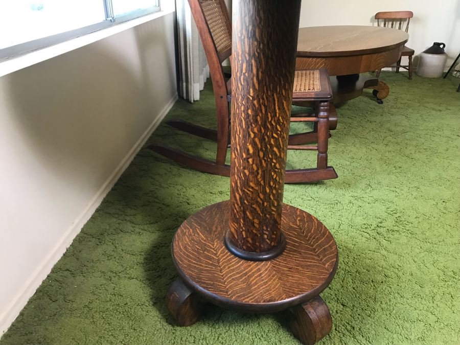 Stunning Antique Tiger Oak Pedestal Table 24R X 29.5H (Some Staining On Top) [Photo 5]