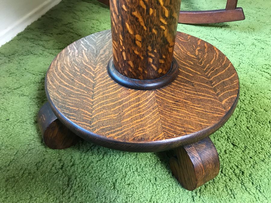 Stunning Antique Tiger Oak Pedestal Table 24R X 29.5H (Some Staining On Top) [Photo 7]