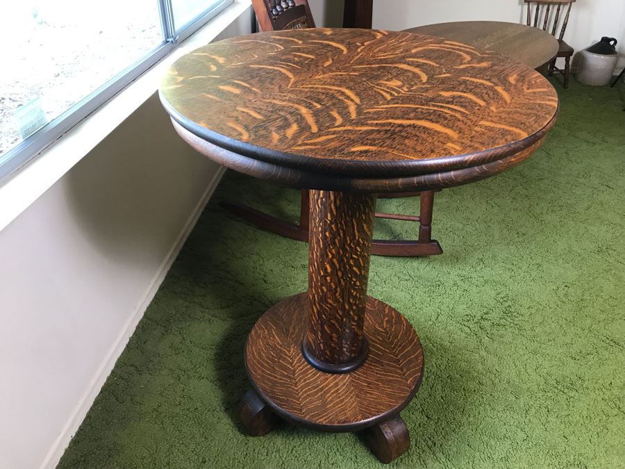 Stunning Antique Tiger Oak Pedestal Table 24R X 29.5H (Some Staining On Top) [Photo 3]