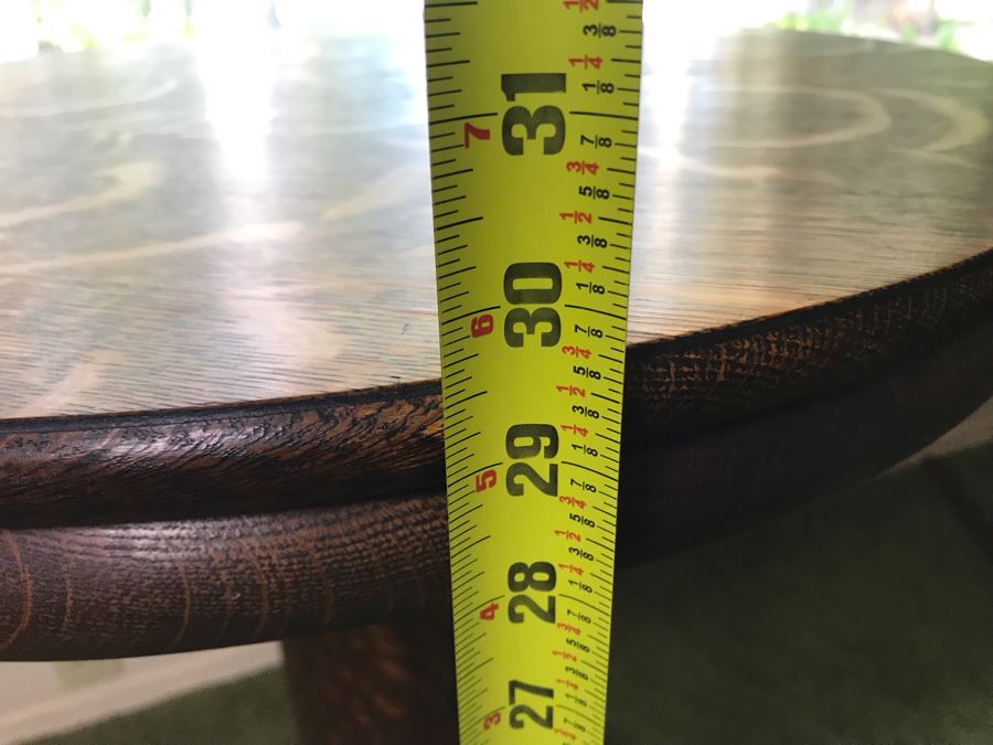 Stunning Antique Tiger Oak Pedestal Table 24R X 29.5H (Some Staining On Top) [Photo 21]