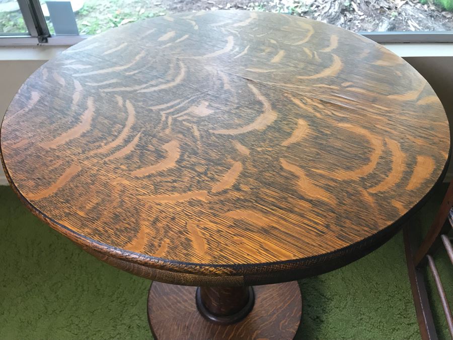 Stunning Antique Tiger Oak Pedestal Table 24R X 29.5H (Some Staining On Top) [Photo 13]