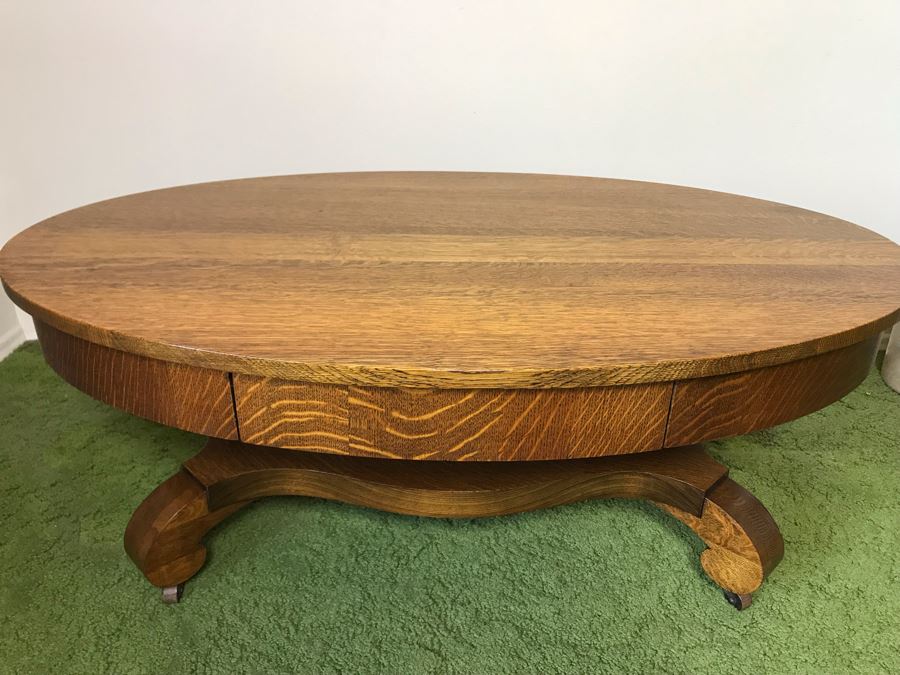 Vintage Tiger Oak Oval Coffee Table With Long Drawer And Casters 44W X ...