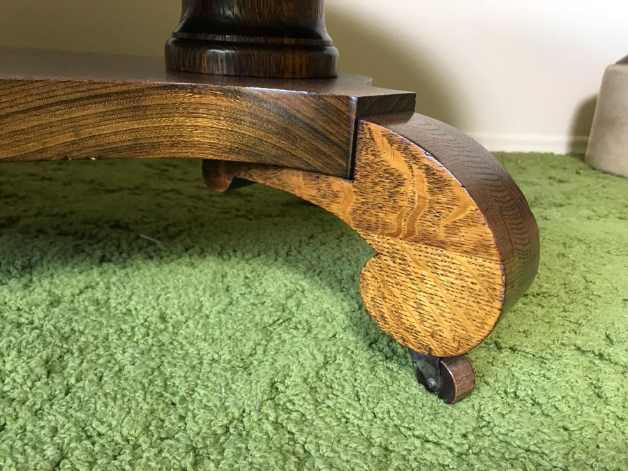 Vintage Tiger Oak Oval Coffee Table With Long Drawer And Casters 44W X 27D X 16.5H [Photo 7]