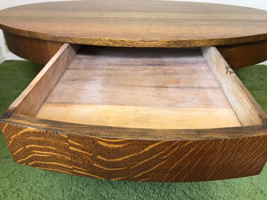 Vintage Tiger Oak Oval Coffee Table With Long Drawer And Casters 44W X 27D X 16.5H [Photo 8]