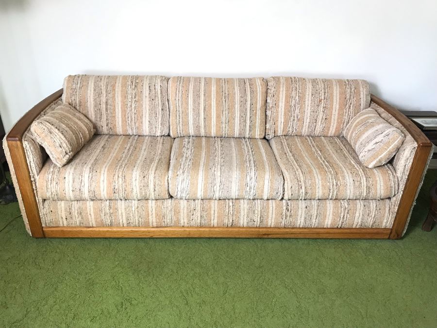 Vintage 1982 Oak Upholstered Sofa Like New [Photo 1]