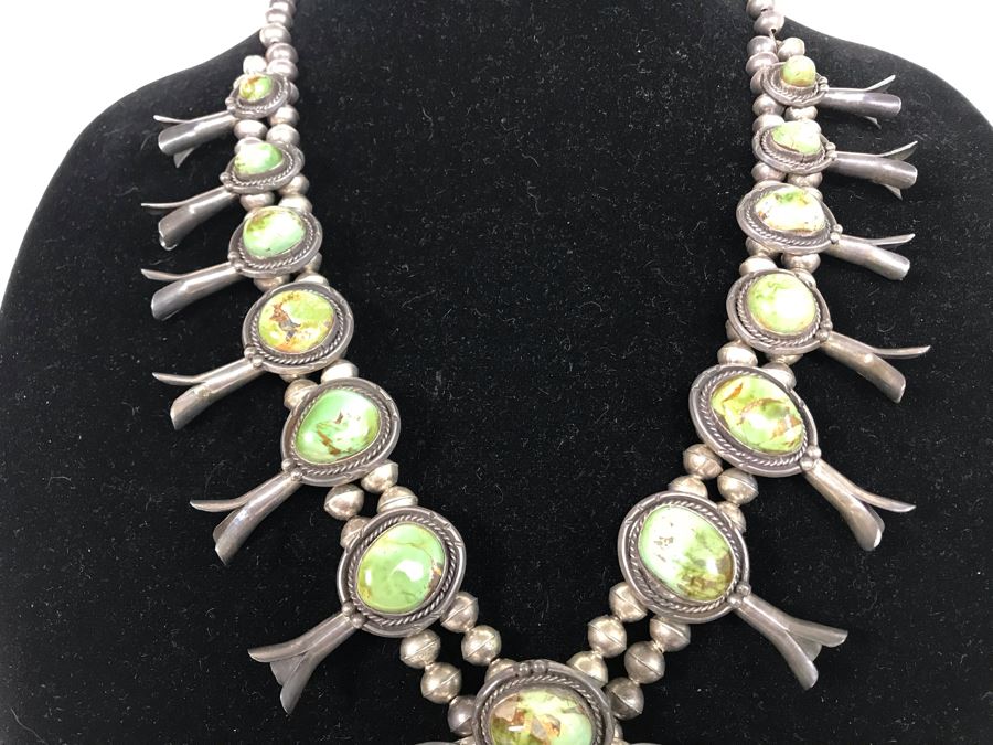 Stunning Old Navajo Native American Sterling Silver And Turquoise Squash Blossom Statement Necklace 210g [Photo 11]