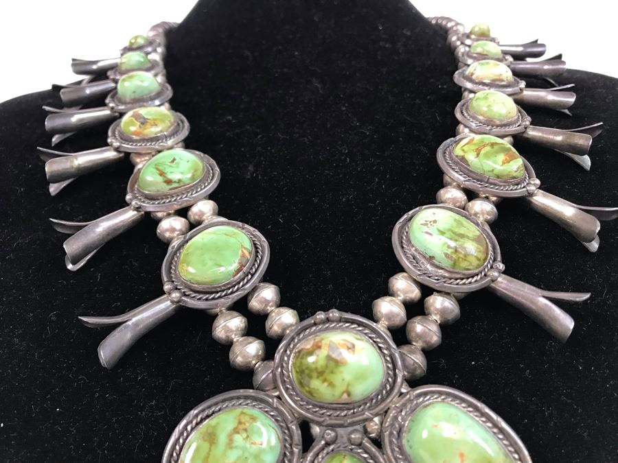 Stunning Old Navajo Native American Sterling Silver And Turquoise Squash Blossom Statement Necklace 210g [Photo 13]