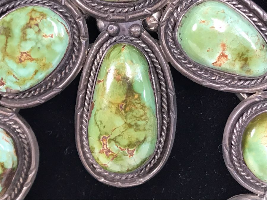 Stunning Old Navajo Native American Sterling Silver And Turquoise Squash Blossom Statement Necklace 210g [Photo 8]