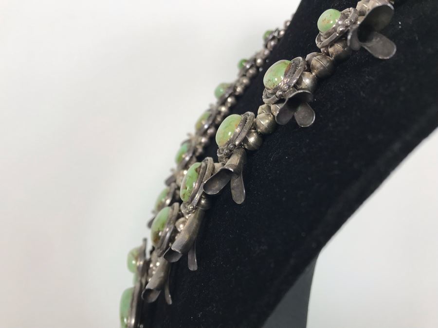 Stunning Old Navajo Native American Sterling Silver And Turquoise Squash Blossom Statement Necklace 210g [Photo 15]