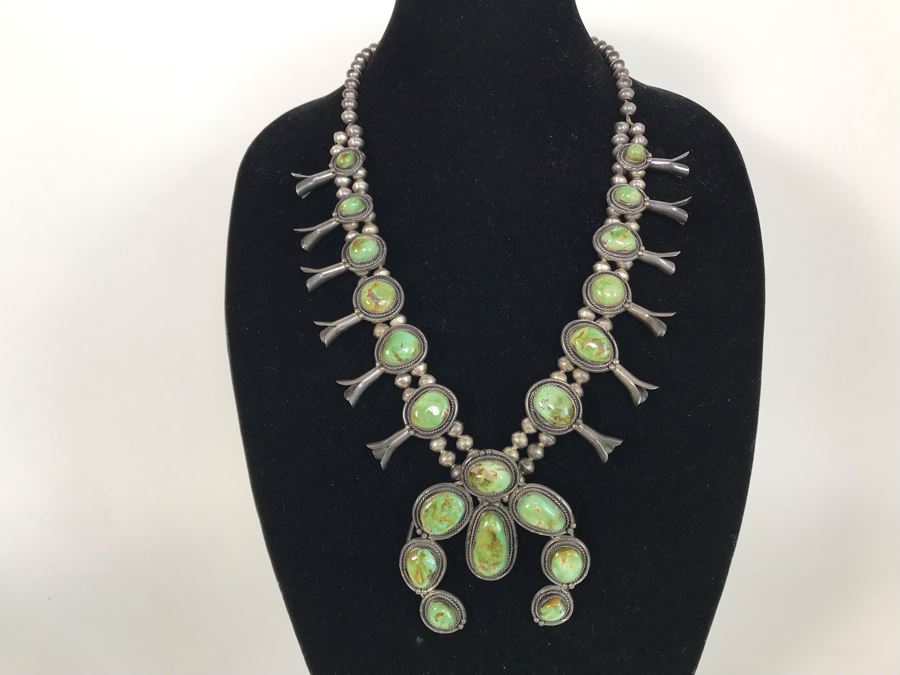 Stunning Old Navajo Native American Sterling Silver And Turquoise Squash Blossom Statement Necklace 210g [Photo 2]