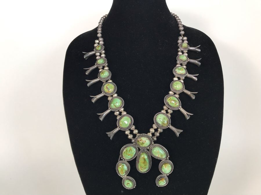 Stunning Old Navajo Native American Sterling Silver And Turquoise Squash Blossom Statement Necklace 210g [Photo 3]