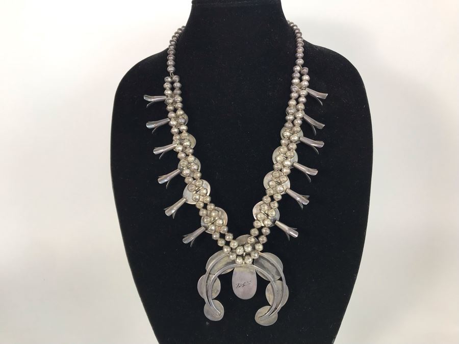 Stunning Old Navajo Native American Sterling Silver And Turquoise Squash Blossom Statement Necklace 210g [Photo 17]