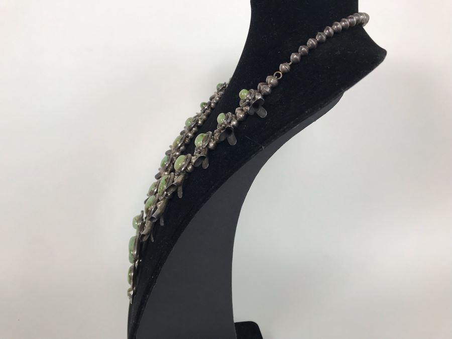 Stunning Old Navajo Native American Sterling Silver And Turquoise Squash Blossom Statement Necklace 210g [Photo 14]