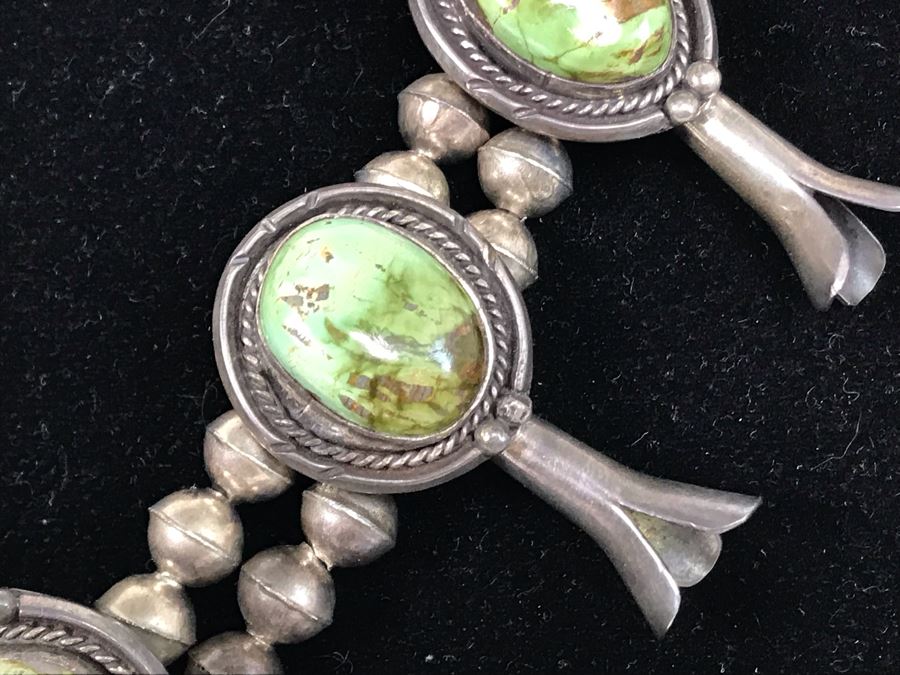 Stunning Old Navajo Native American Sterling Silver And Turquoise Squash Blossom Statement Necklace 210g [Photo 10]