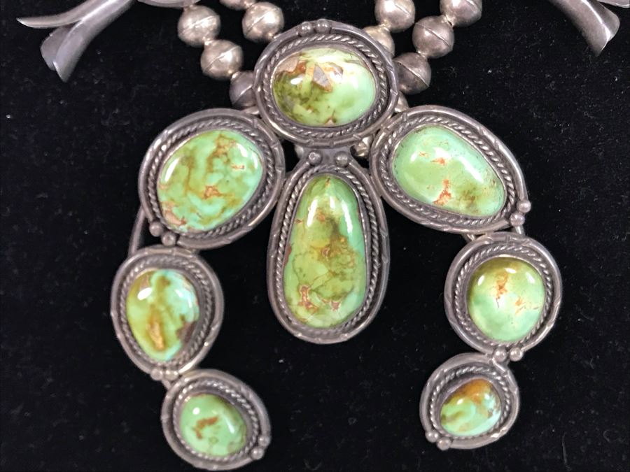 Stunning Old Navajo Native American Sterling Silver And Turquoise Squash Blossom Statement Necklace 210g [Photo 5]