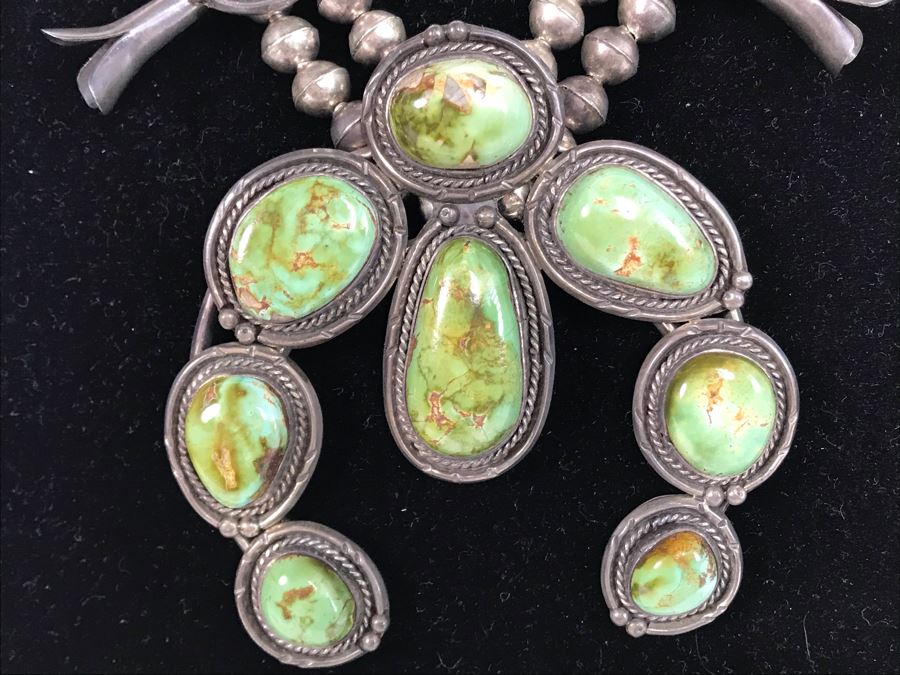 Stunning Old Navajo Native American Sterling Silver And Turquoise Squash Blossom Statement Necklace 210g [Photo 7]