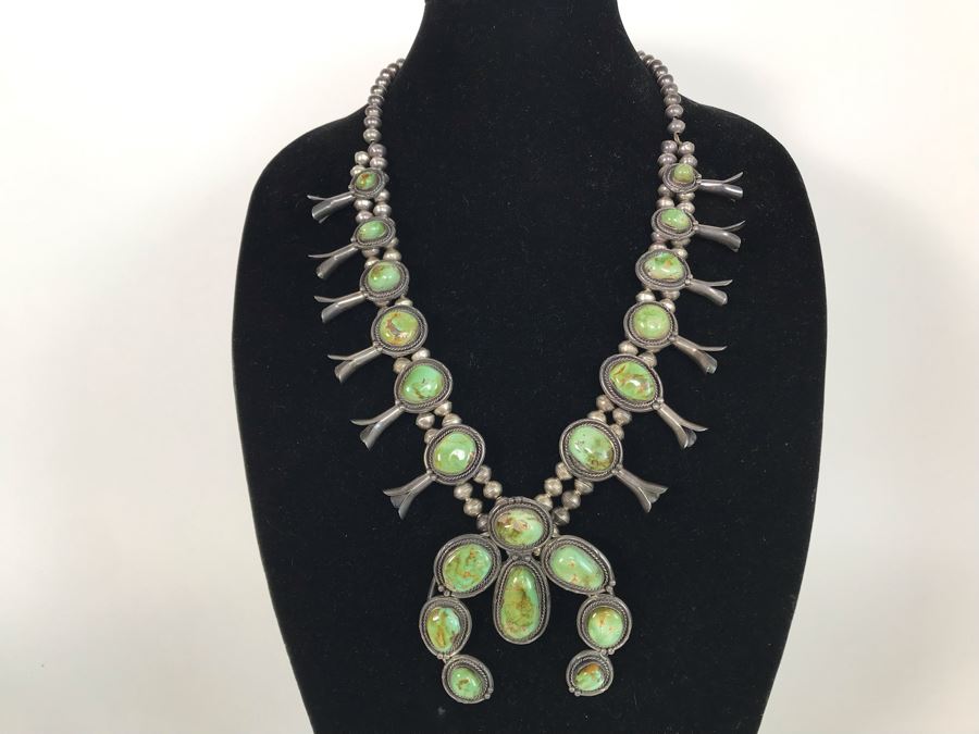 Stunning Old Navajo Native American Sterling Silver And Turquoise Squash Blossom Statement Necklace 210g