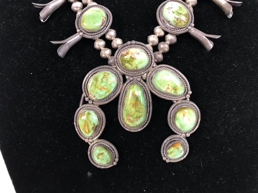 Stunning Old Navajo Native American Sterling Silver And Turquoise Squash Blossom Statement Necklace 210g [Photo 6]