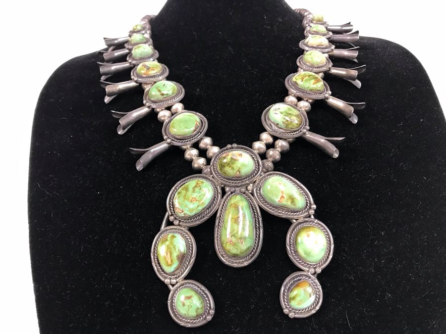 Stunning Old Navajo Native American Sterling Silver And Turquoise Squash Blossom Statement Necklace 210g [Photo 12]