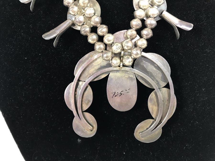 Stunning Old Navajo Native American Sterling Silver And Turquoise Squash Blossom Statement Necklace 210g [Photo 18]