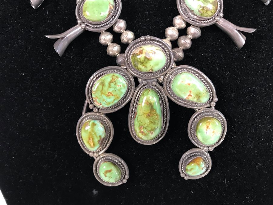 Stunning Old Navajo Native American Sterling Silver And Turquoise Squash Blossom Statement Necklace 210g [Photo 4]