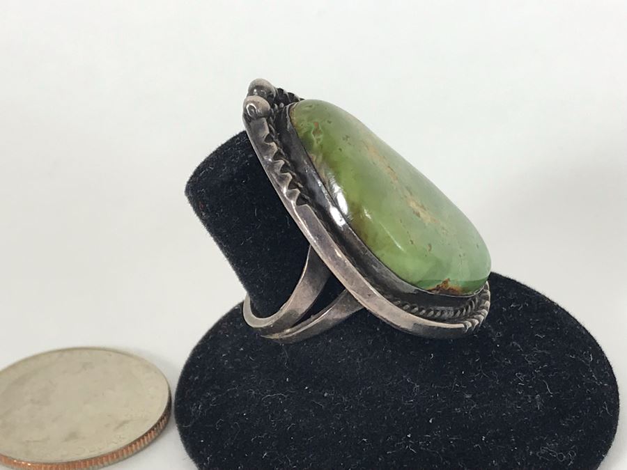 Large Vintage Native American Sterling Silver Turquoise Ring Size 7 - 16.8g [Photo 4]