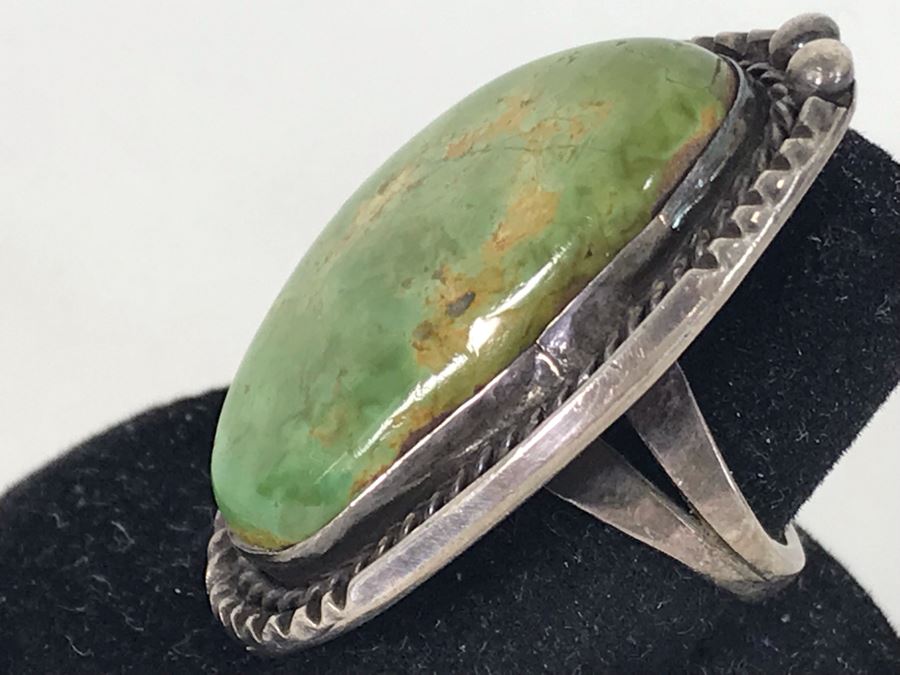 Large Vintage Native American Sterling Silver Turquoise Ring Size 7 - 16.8g [Photo 7]