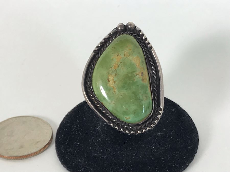 Large Vintage Native American Sterling Silver Turquoise Ring Size 7 - 16.8g [Photo 1]