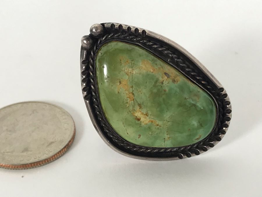 Large Vintage Native American Sterling Silver Turquoise Ring Size 7 - 16.8g [Photo 12]