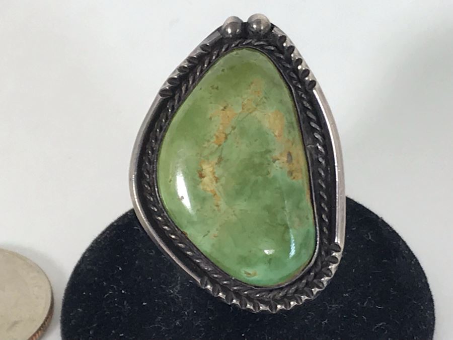Large Vintage Native American Sterling Silver Turquoise Ring Size 7 - 16.8g [Photo 3]