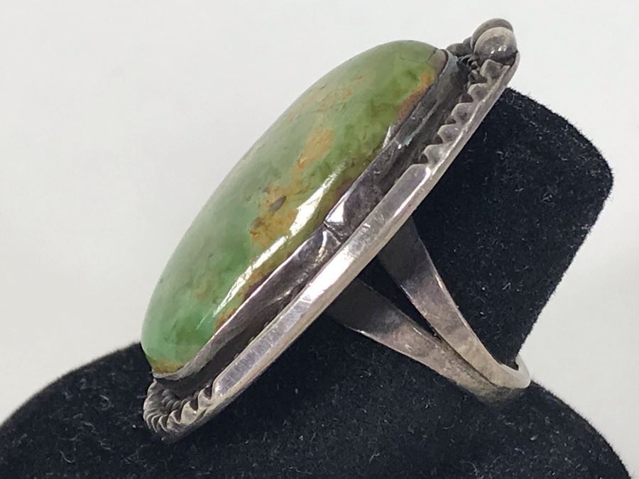 Large Vintage Native American Sterling Silver Turquoise Ring Size 7 - 16.8g [Photo 6]