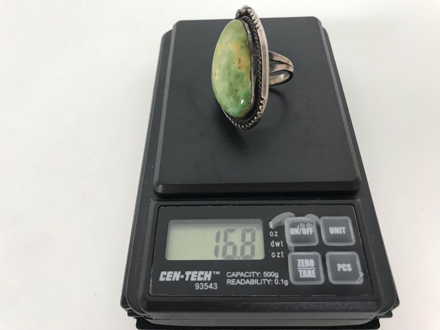 Large Vintage Native American Sterling Silver Turquoise Ring Size 7 - 16.8g [Photo 15]