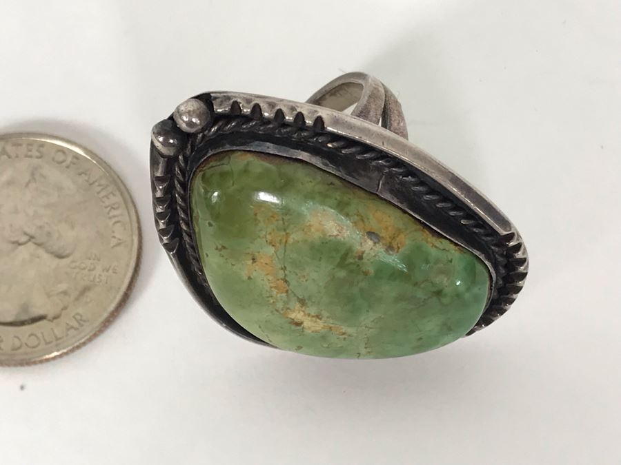 Large Vintage Native American Sterling Silver Turquoise Ring Size 7 - 16.8g [Photo 13]