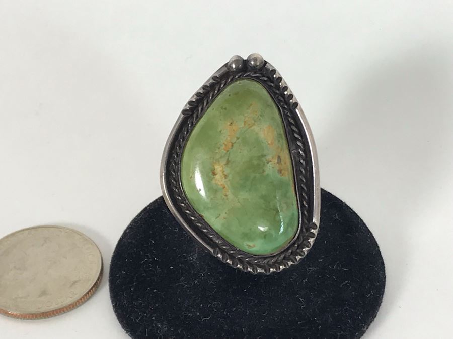 Large Vintage Native American Sterling Silver Turquoise Ring Size 7 - 16.8g [Photo 2]