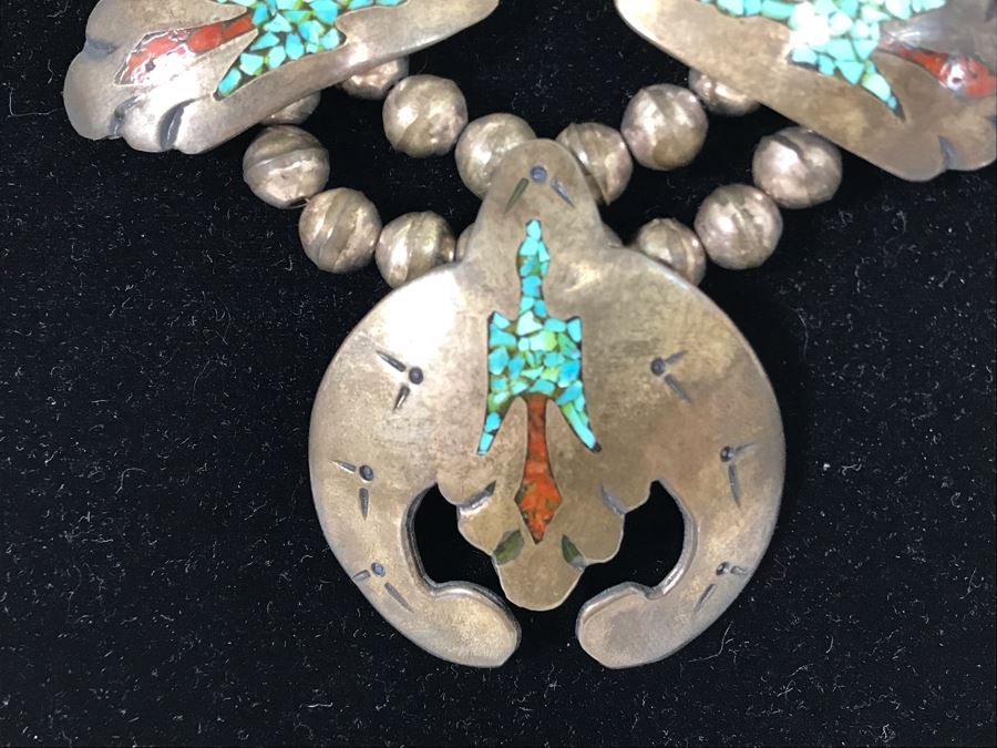 Old Native American Sterling Silver Necklace Featuring Inlaid Turquoise And Coral Thunderbird Design 142g [Photo 4]