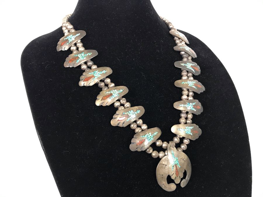 Old Native American Sterling Silver Necklace Featuring Inlaid Turquoise And Coral Thunderbird Design 142g [Photo 9]